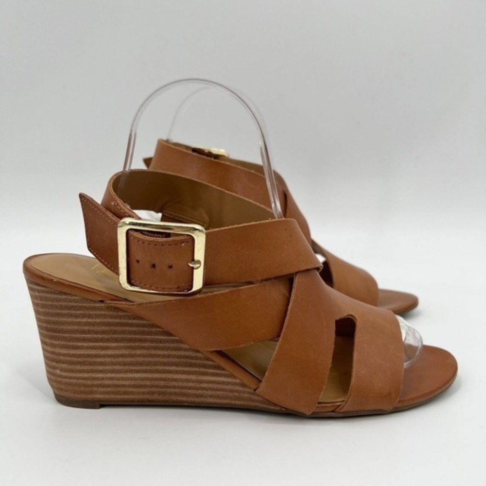 Franco Sarto Mallory Wedge Sandals Brown Leather Heels Strappy Buckle